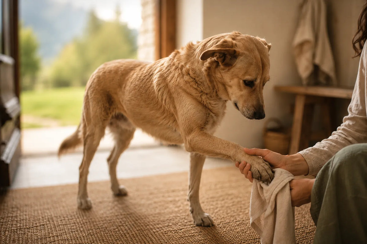 Hund kommt von einem Spaziergang zurück, eine Hand greift sanft nach seiner Pfote im Eingangsbereich