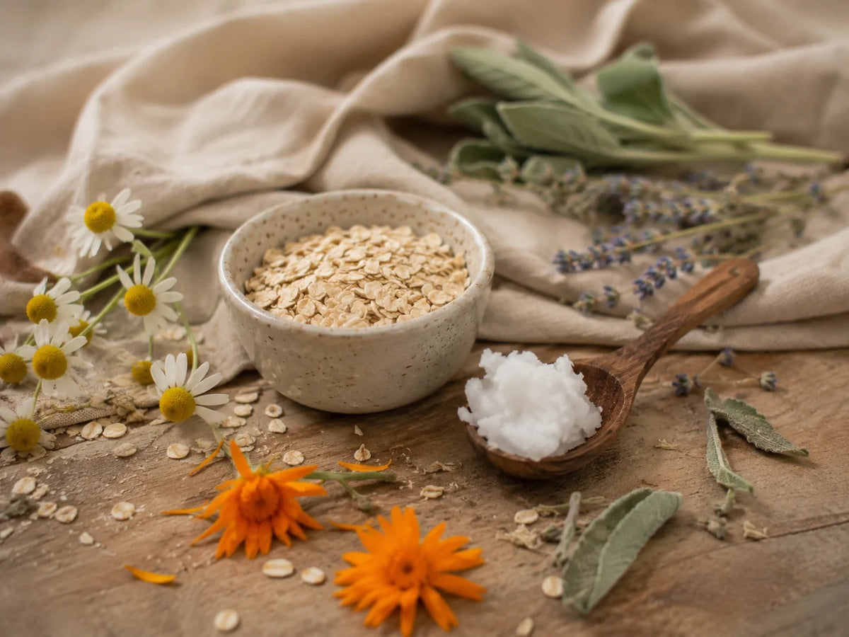 Ingrédients naturels comme l'avoine, le calendula et l'huile de coco pour des soins doux et proches de la nature