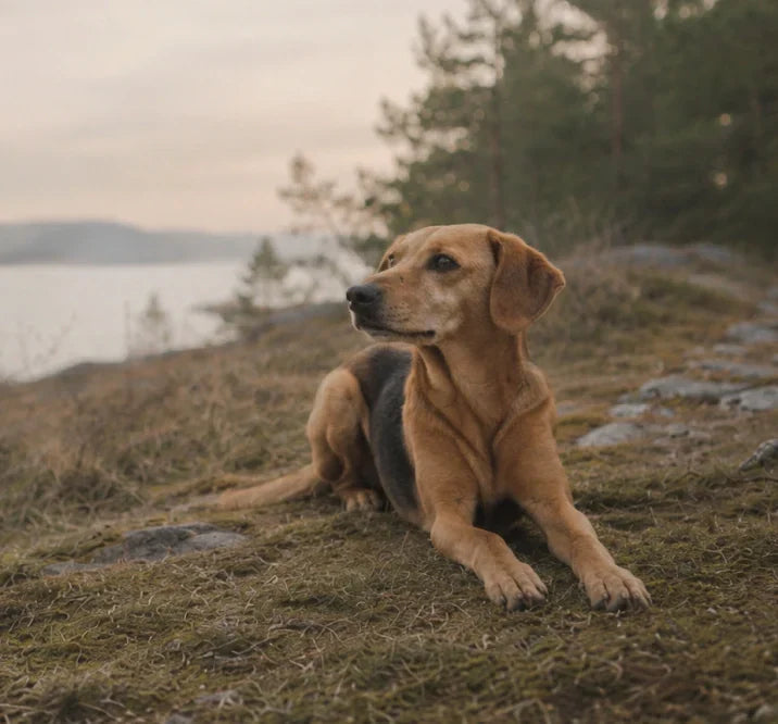 Hund entspannt im Urlaub mit Hund am Seeufer bei Dämmerlicht, im Hintergrund Wald und ruhiges Wasser.