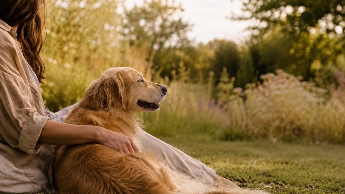 Chien caressé avec tendresse dans le jardin
