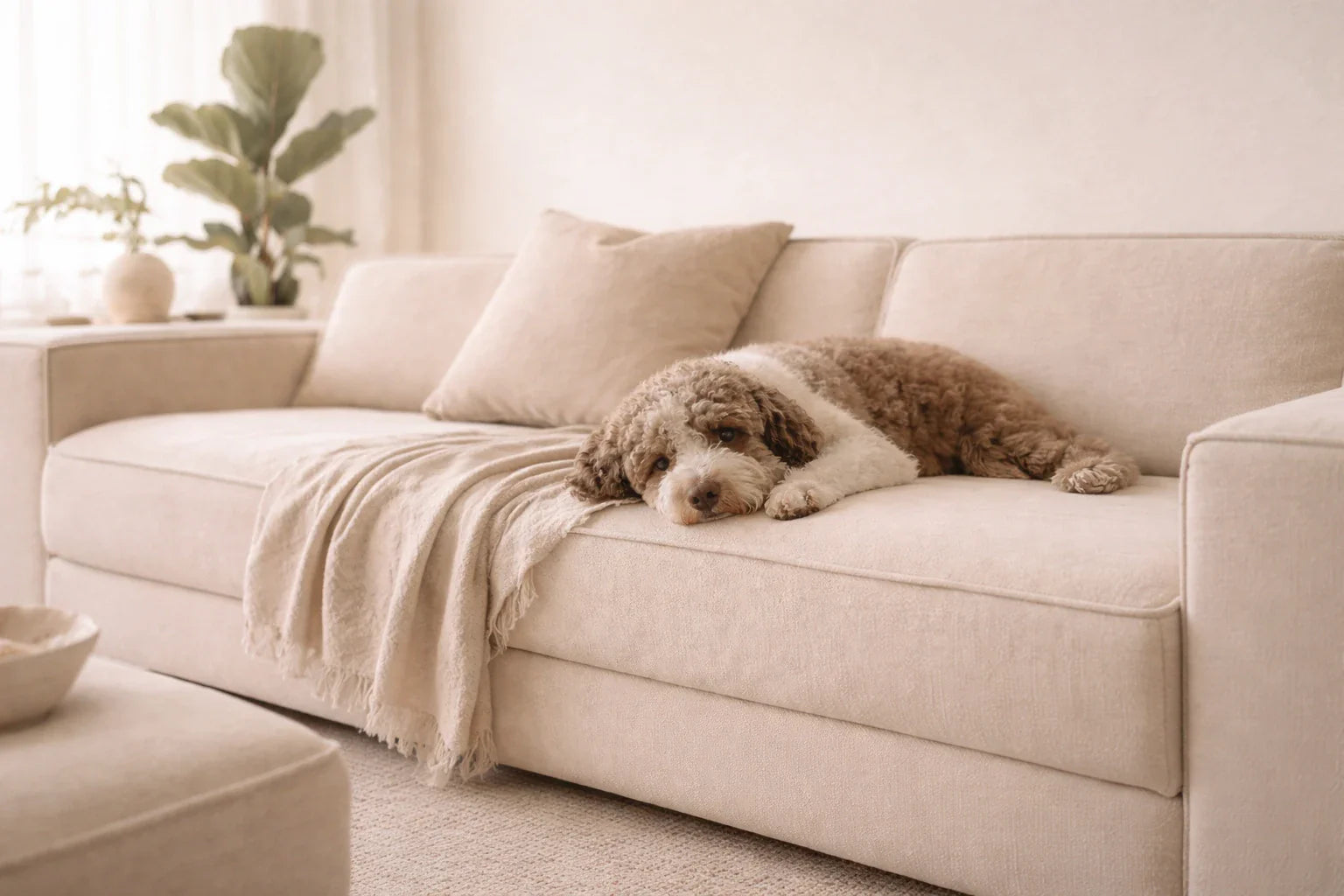 Gepflegter Hund liegt entspannt auf dem Sofa – hej iara Bestseller für natürliche Hundepflege