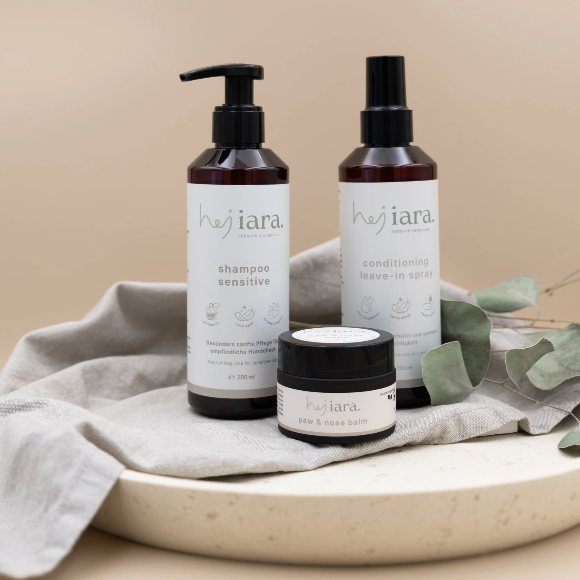 hej iara Sensitives Pflegeset – Sensitive Shampoo, Fellpflege-Spray & Pfotenbalsam für empfindliche Hunde
