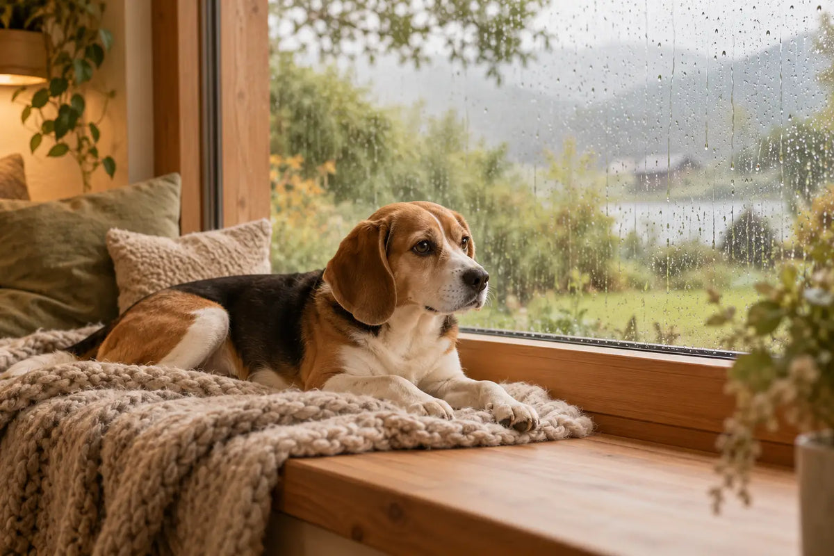 Chien couché confortablement sur une couverture en laine près de la fenêtre un jour de pluie