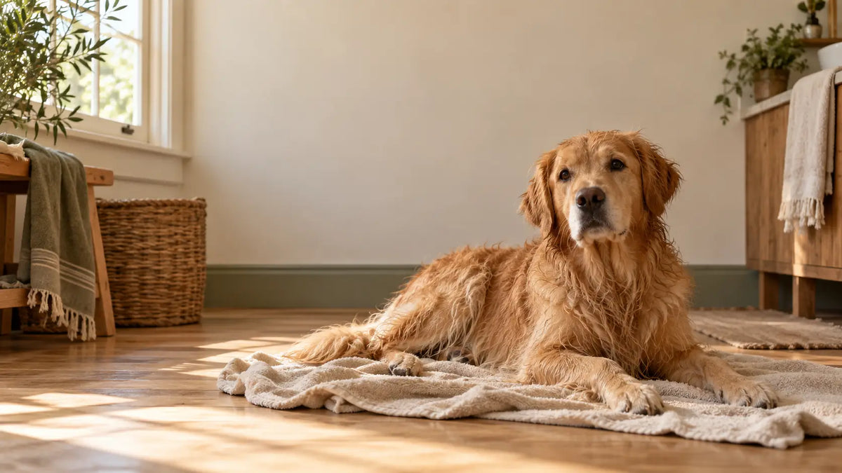 Golden retriever allongé sur une couverture dans une pièce lumineuse