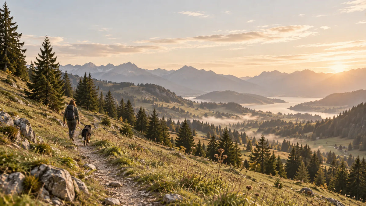 Vaste paysage des préalpes avec un sentier de randonnée, un chien et un humain petits dans la lumière du matin