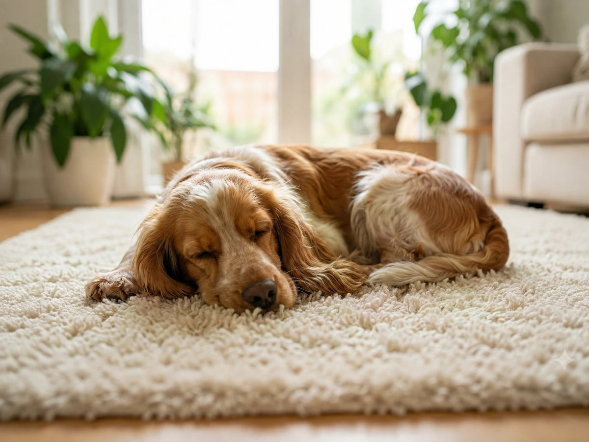 Cocker Spaniel liegt gemütlich auf dem Teppich