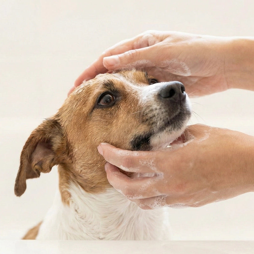Hund wird mit natürlichem Hundeshampoo gewaschen – hej iara Pflegeset für Hunde