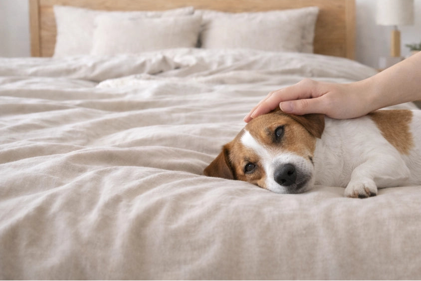 Jack Russell liegt auf dem Bett
