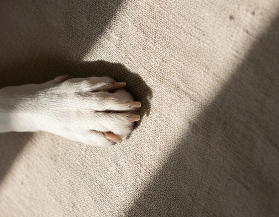 Gepflegte Hundepfote auf dem Sofa – natürliche Pfotenpflege von hej iara