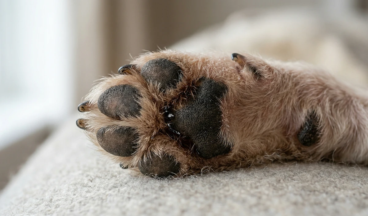 Gepflegte Pfote von unten von einem Hund